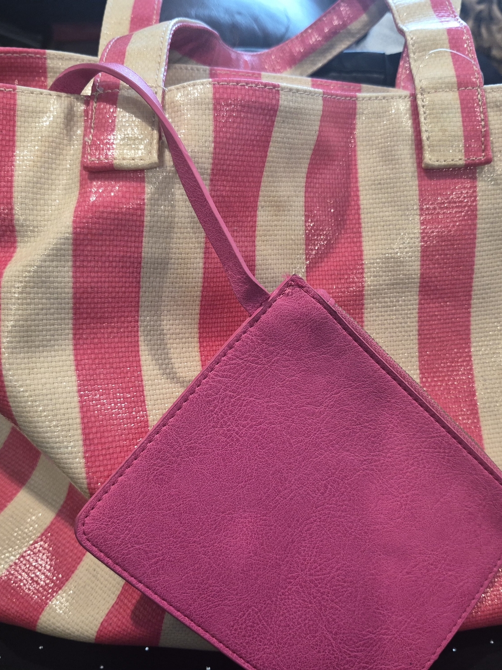 Pink and Cream Striped Women’s Tote with Pink Wristlet Pouch
